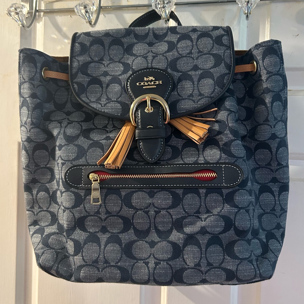 Coach Navy Signature Canvas Backpack With Tan Tassels